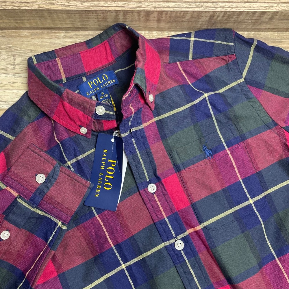 Polo Ralph Lauren Kids Plaid Button Down Shirt Red Navy Green Size M 10-12 New